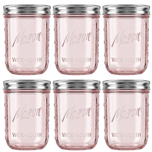 WELLIFE 6-Pack Mason Jars 16 oz with Lids – Wide Mouth Glass mason jars, Airtight Leak-Proof canning jars 16 oz for Food Storage, Fermenting, Pickling, Freezing, and Crafts - color: Pink Mason Jars 16oz-6Pcs