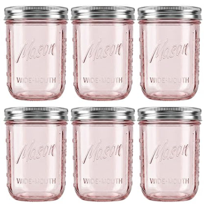 WELLIFE 6-Pack Mason Jars 16 oz with Lids – Wide Mouth Glass mason jars, Airtight Leak-Proof canning jars 16 oz for Food Storage, Fermenting, Pickling, Freezing, and Crafts - color: Pink Mason Jars 16oz-6Pcs