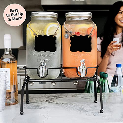 Estilo Glass Drink Dispenser for Parties - Set of 2-1 Gallon Halloween Drink Dispenser with Stand, Glass Water Dispenser Countertop for Weddings, Sun Tea Jar, Lemonade & Laundry Detergent Dispenser - style: Double w/ Stand & Labels