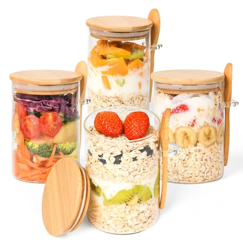 Overnight Oats Containers with Lids,4 Pack 18oz Overnight Oats Jars with Spoons,Salad Meal Prep Jar with Bamboo Lids for Chia Seed Pudding Salad Cereal Coffee Flour,Sourdough Starter Jar for Bread - size: 4 Pcs