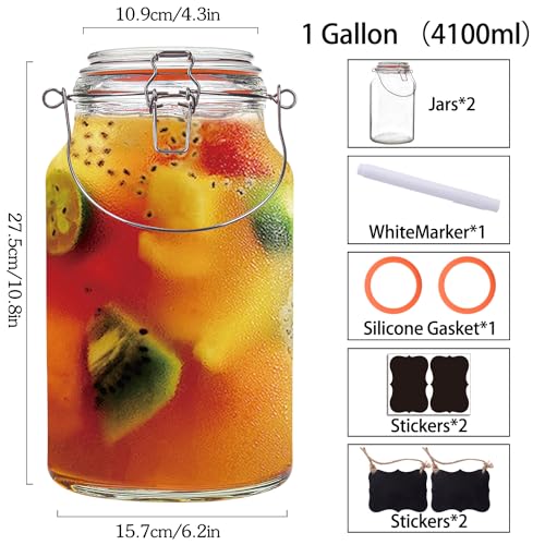 1 Gallon Glass Jar with Lids,2 Pack Large Glass Jars with Airtight lid,Super Wide Mouth Mason Jars for Storage,Fermenting,Canning,Pickling - color: 128oz