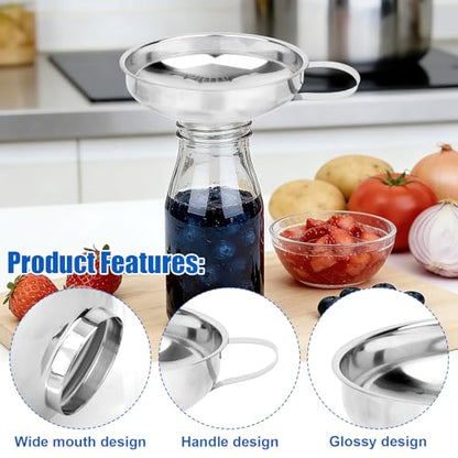 8pcs Food Canning Funnels Set for Wide Mouth & Regular Mason Jars, 3 Stainless Steel Funnels 2 Metal Strainer Mesh 1 Anti-Scalding Tongs 2 Brushes Supplies Kit for Kitchen Use Filling Bottle Jam