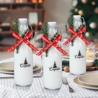 Sieral 12 Pack Christmas Coquito Glass Bottle 8oz Clear Flip Swing Top Beer Brewing Bottles with Ribbon and Artificial Branches for Liquids Wine Christmas Tree Xmas Gifts - style: Plain