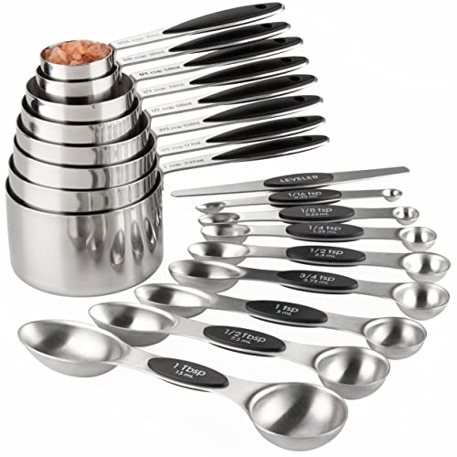 Measuring Cups and Spoons Set Stainless Steel Includes 8 Heavy Duty Measuring Cups 8 Double Sided Magnetic Measuring Spoons and 1 Leveler for Dry and Liquid Ingredients - color: black T