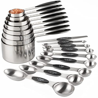 Measuring Cups and Spoons Set Stainless Steel Includes 8 Heavy Duty Measuring Cups 8 Double Sided Magnetic Measuring Spoons and 1 Leveler for Dry and Liquid Ingredients - color: black T