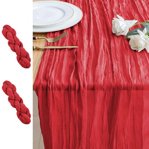 2PCS Table Runner Cheesecloth 10FT Red Boho Gauze Cheese Cloth Rustic Sheer Table Runners for Wedding Birthday Bridal Baby Shower Party Decoration - color: Red, size: 2 Pack