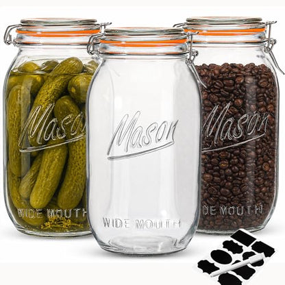 Half Gallon Mason Jars 64 oz Wide Mouth 3 Pack, Airtight Hinged Lid, BPA Free, Dishwasher Safe, for Canning, Pickling, Fermenting, Kitchen Storage, Coffee