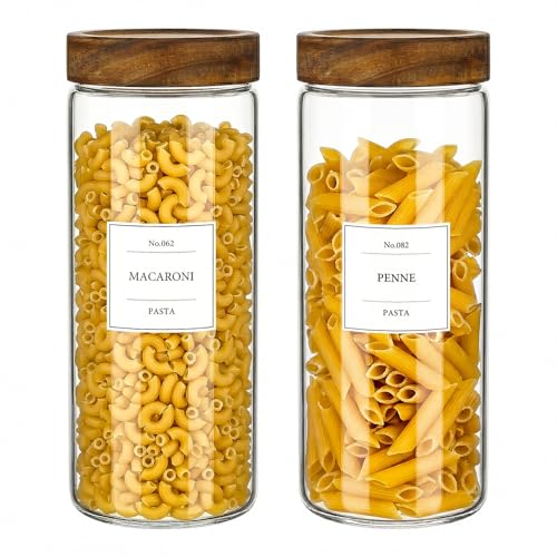 CONNOO 2-Pack 50oz Glass Storage Containers with Wood Lids – 120 Waterproof Labels Included – Tall Airtight Pantry Organizers for Short Pasta, Flour – Modern Kitchen Decor - size: cylindrical/50oz/2pcs