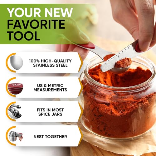 Spring Chef Magnetic Measuring Cups & Spoons Set, Patented, Strong N45 Magnets, Heavy Duty Stainless Steel Fits in Spice Jars for Baking & Cooking, BPA Free, Round Set of 15 with Leveler, Red - color: Red, size: Set of 15