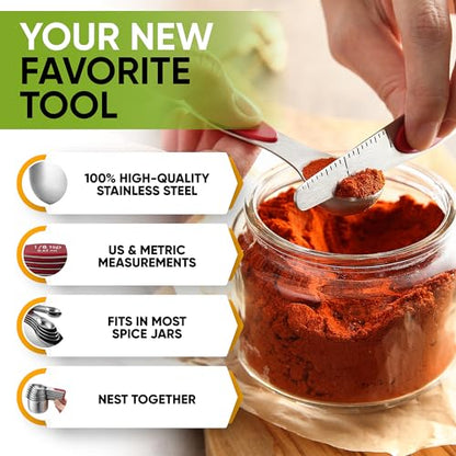 Spring Chef Magnetic Measuring Cups & Spoons Set, Patented, Strong N45 Magnets, Heavy Duty Stainless Steel Fits in Spice Jars for Baking & Cooking, BPA Free, Round Set of 15 with Leveler, Red - color: Red, size: Set of 15