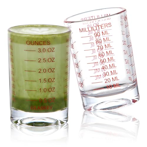 GLASKEY 2 Pack Shot Glass Measuring Cup Set,3 oz/90ml Liquid Heavy High Espresso Glass Cup,Dishwasher Safe,Measurement of Dry and Liquid Ingredients(Red) - color: 3 oz-Red-2 Pack