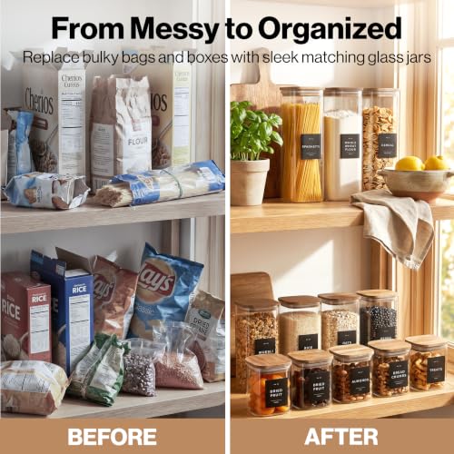 EDELHAUS Glass Storage Containers with Acacia Lids and Labels - Set of 5 | Extra Thick Square Glass Canisters with Acacia Wood Lids and 54 Pre-printed Pantry Labels keeps dry Goods Fresh and Organized