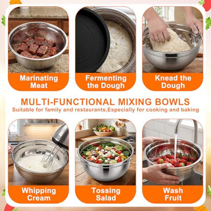 18 Pack Stainless Steel Mixing Bowls with Lids Set Includes Stainless Steel Measuring Cups and Spoons Wire Balloon Whisk Silicone Spatulas Suitable for Kitchen Cooking Baking(Black) - color: Black