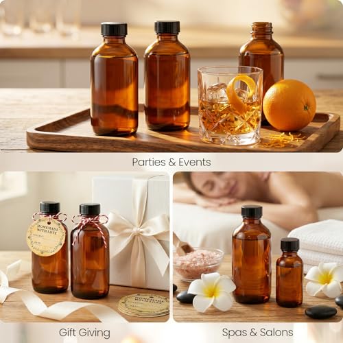 TBWIND 54 Pack 4oz Amber Glass Boston Round Bottles with Airtight Caps | Refillable Glass Bottles for Vanilla Extract, Homemade Liquids, Syrups, Oils & DIY Crafting with Droppers, Labels & Funnels - size: 4oz