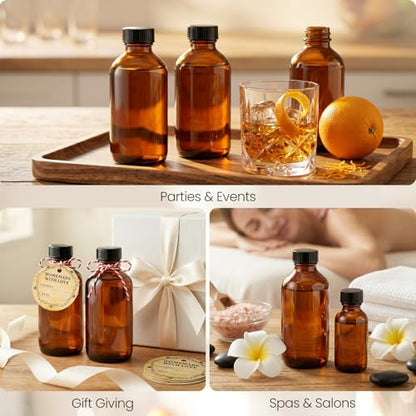 TBWIND 54 Pack 4oz Amber Glass Boston Round Bottles with Airtight Caps | Refillable Glass Bottles for Vanilla Extract, Homemade Liquids, Syrups, Oils & DIY Crafting with Droppers, Labels & Funnels - size: 4oz