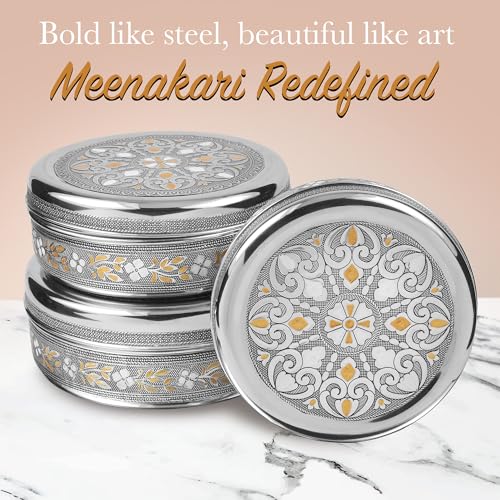 KSJONE Meenakari Designer 3PC Stainless Steel Food Storage Containers with Lids Leakproof, Meal Prep Container Airtight, Kimchi Containers Nestable, Freezer Safe (1100ml, 1700ml & 2300ml)