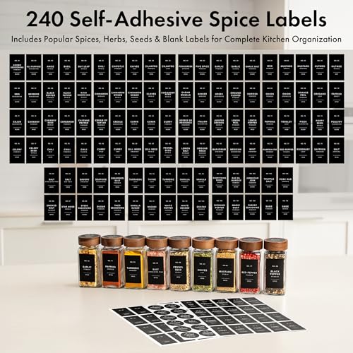 EDELHAUS Glass Spice Jars with Label, 36x Acacia Wooden Lids - Black Labels | Airtight acacia lids keep spices fresh; use as a spice organizer, seasoning containers or 4 oz jar set; funnel & 240 labels - color: 36x Acacia Jars Black Stickers