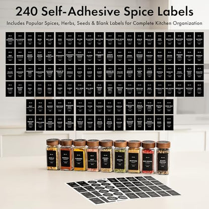EDELHAUS Glass Spice Jars with Label, 36x Acacia Wooden Lids - Black Labels | Airtight acacia lids keep spices fresh; use as a spice organizer, seasoning containers or 4 oz jar set; funnel & 240 labels - color: 36x Acacia Jars Black Stickers