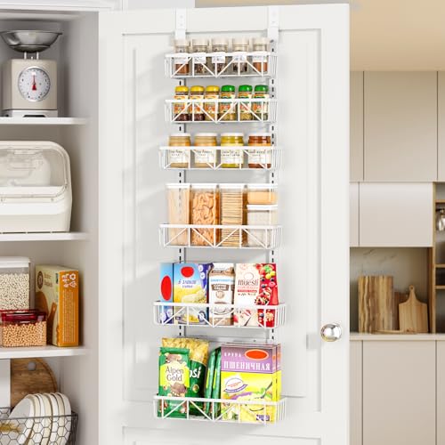 Delamu White Narrow 6-Tier Over the Door Pantry Organizer, Adjustable Metal Hanging Spice Rack, Cabinet Door Organizer for Kitchen, Bathroom, Laundry Room, 12.5 - color: White, size: 12.5"W 6-Tier