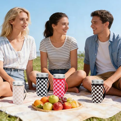 KJQJLY 4 Pcs Mason Jars Sleeves Neoprene 24oz Regular and Wide Mouth Mason Jar Sleeves Holder with Handle (Checkered, 24 OZ) - color: Checkered, size: 24 OZ