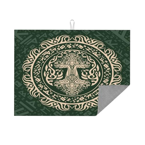 Kitchen Drying Mat for Countertop Celtic Tree Of Life Style Non-Slip Kitchen Counter Mat for Dishes Glassware - color: Dark Green