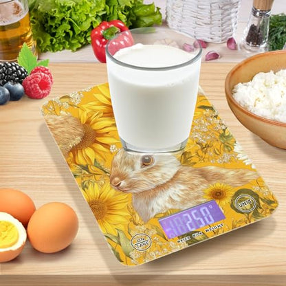Yellow Sunflowers Bunny Food Scale Kitchen Digital Scale Food Ounces and Grams Dieting Baking Cooking Waterproof Glass Panels LCD Display,4 Units Tare Function - color: Yellow Rabbit Sunflower