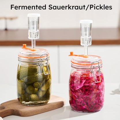 JILLMO 1.1 Liters Fermentation Jar, Glass Fermenting Jar with Weight for Making Sauerkraut, Kimchi, Pickles and More, Pack of 2