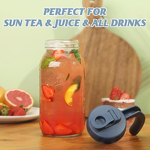 Soligt Glass Mason Jar Pitcher with Lid, Wide Mouth Flip Cap Pour Spout Leak-proof Lid with Handle, 64 oz (2 Quart / 1.9 Liter), for Sun Tea/Iced Tea/Juice/Cold Brew Coffee/Milk (1Pack, Hale Navy) - color: Hale Navy