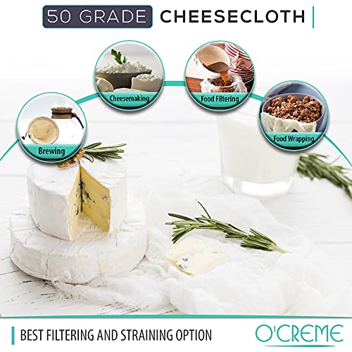 O'Creme Cheese Cloth, 45 Square Feet, 50 Grade, 100% ALL-NATURAL, Ultra Fine Cotton, for Cheesemaking, Food Preparation, Filtering and Straining