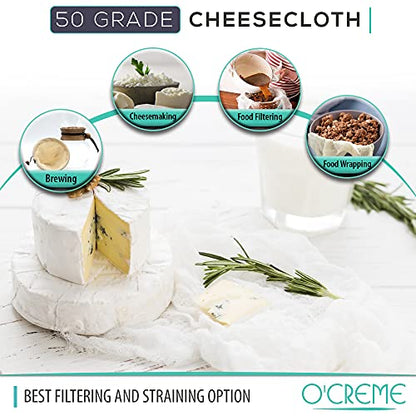 O'Creme Cheese Cloth, 45 Square Feet, 50 Grade, 100% ALL-NATURAL, Ultra Fine Cotton, for Cheesemaking, Food Preparation, Filtering and Straining