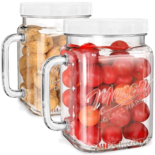 Folinstall 74 oz Wide Mouth Mason Jar w Handle, Airtight Storage Container | Easy-Grip Handle, Scale Marks, Easy Filling & Cleaning, 2 Pcs Jars for Sugar, Flour, Cookie, Pickle, Fruit, and Fridge Drink
