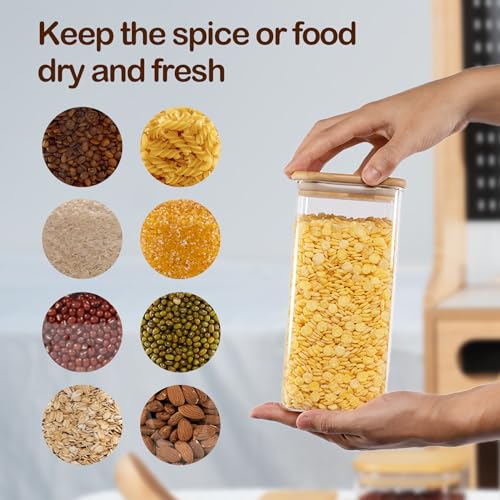 D2scrma 50oz Airtight Glass Square Storage Canister with Bamboo Lid Set of 3 (1500ml) Container Stackable Spice Jar, Kitchen Canister for Flour, Cookies, Cereal and Coffee beans (‎with Black Lable) - size: 50oz*3