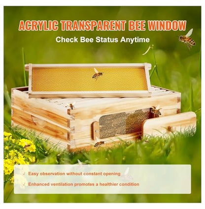 Bee Hive Medium Box Kit - Cedar Wood Langstroth Beehive with 10 Frames, Beeswax Coated, Acrylic Windows - Beginner & Pro Beekeepers