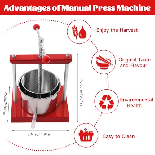 Fruit Wine Manual Press 6L/1.6Gallon Stainless Steel Barrels Honey Presser with T-shaped Handle Fruit Press Making Equipment for Pressing Juice Vegetable Wine Cider - size: 6L/1.6Gallon with T-shaped