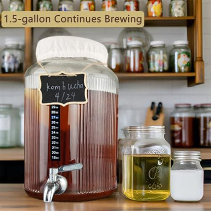 1.5 Gallon Glass Brew Jar Kit for Kombucha & Jun - With Stainless Steel Spigot, pH Test Strips, Temperature Strip, Cloth Cover, Funnel with Filters | Perfect for Continuous Brewing - style: Kombucha Brew Kit with 1.5gallon Jar
