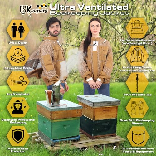 3 Layer Ventilated Sting Proof Bee Jacket for Men & Women, Premium Beekeeping Jacket with Gloves & Two Beekeeper Veils. (Brown J/3XL) - color: Brown, size: 3X-Large