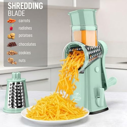 Zulay Kitchen Rotary Cheese Grater 5 Blade Cheese Shredder - Manual Hand Crank Cheese Grater With Reinforced Suction & 5 Interchangeable Drums - Easy to Use, Vegetable Chopper Round Mandoline Slicer - color: Seafoam