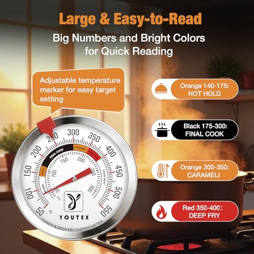 2-Pack Candy Thermometer with Pot Clip - Oil Thermometer for Frying, Upgraded 2.5" Waterproof Dial, Tip-Resistant Clip, Temp Marker & 8" Probe for Deep Frying & Candy Making