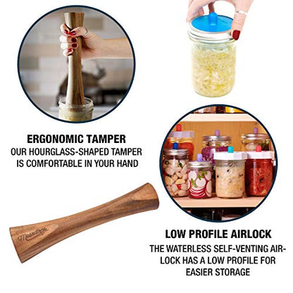 Masontops Deluxe Mason Jar Fermentation Tool Set - Regular Mouth Essentials - Silicone Pipe Lids Plus Weights And Tamper