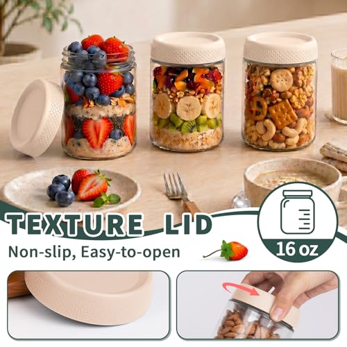 Overnight Oats Containers with Lids, 16oz Glass Storage Containers with Lids, Wide Mouth Mason Jars, Glass Jars with Airtight Lids for Sugar, Yogurt, Chia Seed, Pudding, Meal Prep 6-Pack - color: Beige