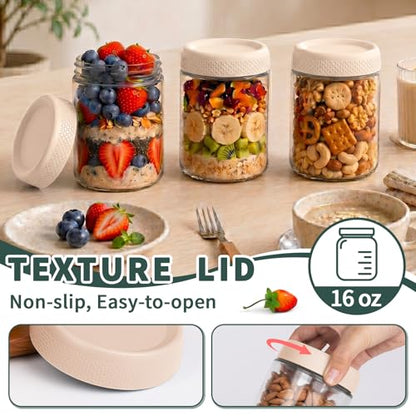 Overnight Oats Containers with Lids, 16oz Glass Storage Containers with Lids, Wide Mouth Mason Jars, Glass Jars with Airtight Lids for Sugar, Yogurt, Chia Seed, Pudding, Meal Prep 6-Pack - color: Beige