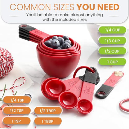 Spring Chef Red Magnetic Measuring Cups and Spoons Set of 9, Stackable Plastic Kitchen Gadget with Easy to Read Markings - Measure Dry or Liquid Ingredients for Baking & Cooking, BPA Free - color: Red