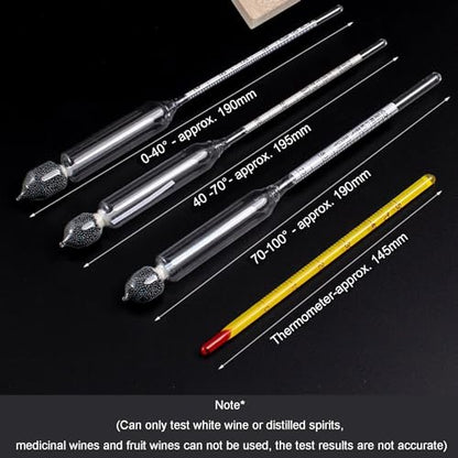 5 Pieces Hydrometer Alcohol Meter Test Kit 0-100% Household Alcohol Hydrometer Concentration Meter Tester for Spirits/Distillates Whiskey with Thermometer Glass Cylinder Wooden Storage Box