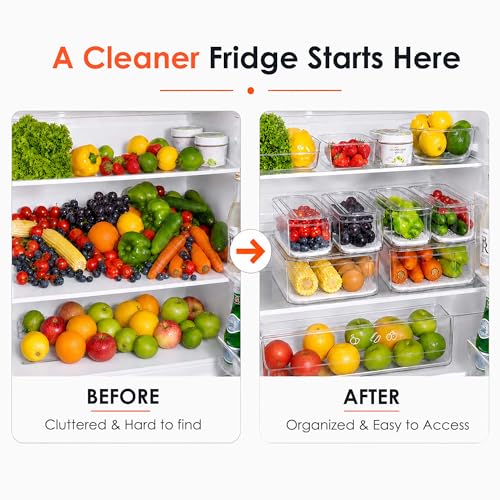 SMRCAD 6 Pack Clear Fridge Organizer Bins with Drain Trays - Stackable | BPA-Free PET, 6 Pack: 6 lidded Bins (Not drawer), Helps Keep Produce Fresh, 14L Capacity, Hand Wash Only - size: 6 Bins (No Pull-out Drawer)