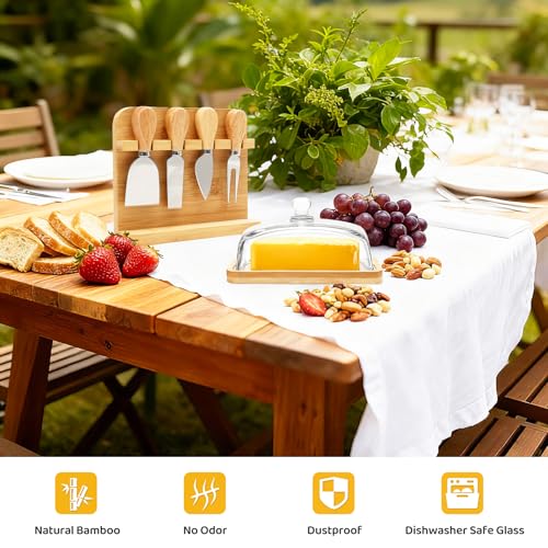 Butter Dish with Lid and 4 Cheese Knives Set, Bamboo and Glass | Glass butter dish with bamboo lid, 4 cheese knives included, 50 greaseproof paper sheets, Dishwasher safe, Easy to clean