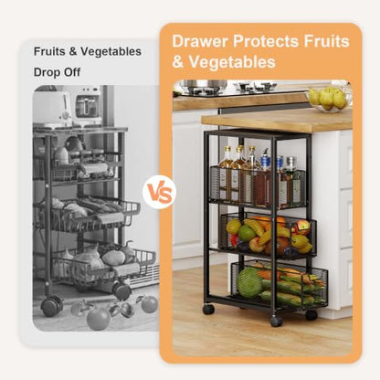 4 Tier Kitchen Rolling Cart, Kitchen Storage Cart with Wheels, Adjust Pantry Organizer and Storage Cart with Drawer, Fruit Vegetable Spice Storage Cart, Wooden Top Metal Kitchen Organizer Rack Stand - size: Small 4 Tier Black