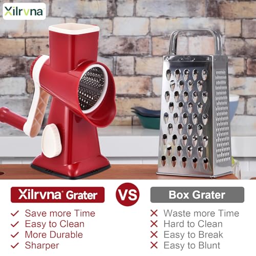 Rotary Cheese Grater with Handle Kitchen Shredder Slicer Grater Slicer Ice Shaver Cheese Vegetable Nuts Potato Zucchini Chocolate 3 Interchangeable Blades (RedWhite) - color: RedWhite