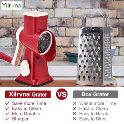 Rotary Cheese Grater with Handle Kitchen Shredder Slicer Grater Slicer Ice Shaver Cheese Vegetable Nuts Potato Zucchini Chocolate 3 Interchangeable Blades (RedWhite) - color: RedWhite