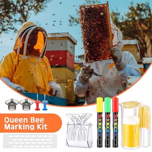 Qualirey 11 Pcs Queen Bee Marking Kit with Queen Bee Marking Bottles Marking Pens Plastic Queen Bee Catcher Cage Clips Beehive Entrance Gate Queen Bee Cell Cups Push Pins for Beekeeping Supplies