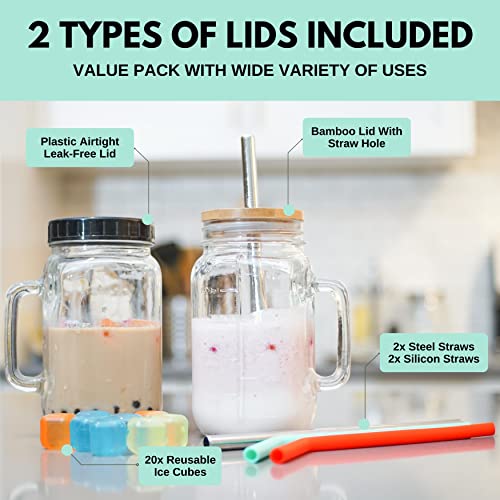 32 oz Wide Mouth Glass Drinking Jar with Handle | Iced Coffee Cup | Includes 2 Lids, 2 Silicone Straws, 2 Stainless Steel Straws, 20 Reusable Ice Cubes, Cleaning Brush & Recipe Book.